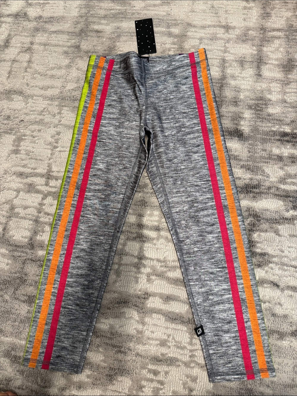 Women’s Grey Heather Leggings with Rainbow Side Stripes.